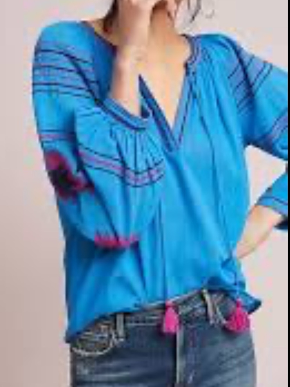 Anthropologie Maeve Runaway Peasant Blouse Boho Embroidery Blue Breezy Gauze M